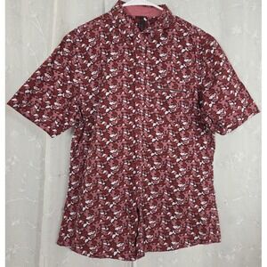 SMASH Short Sleeve Button Shirt Dark Red Patterned Large Pocket Cotton